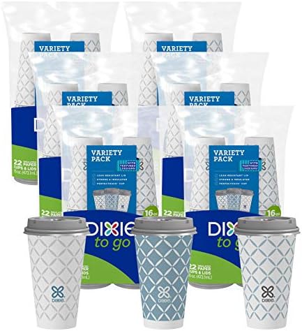 Dixie To Go Hot Beverage Cups & Lids, 16ounce, 132 Count, Assorted Designs, Disposable Paper Coffee Cups & Lids