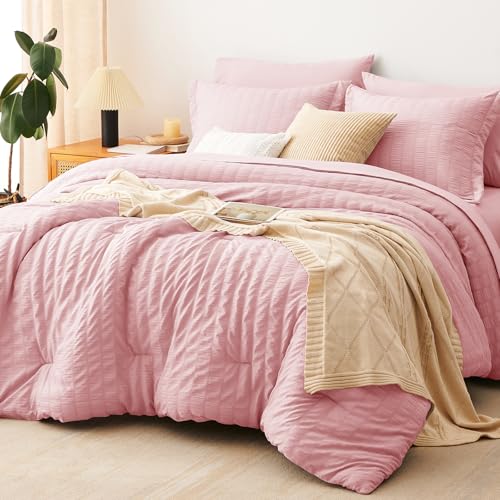 Image of CozyLux Full Size Comforter Sets Pink, 7 Pieces Seersucker Textured Luxury Bed in a Bag, All Seasons Soft Bedding Sets with Down Alternative Comforter, Sheets, Pillowcases & Shams, Bedroom Bed Set