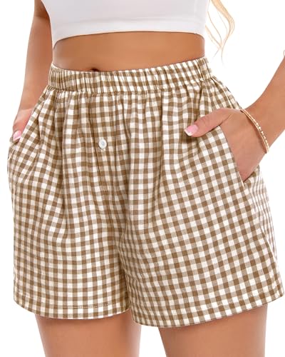 Image of Women Boxer Shorts Summer Gingham Pj Casual Plaid Bottoms with Pocket