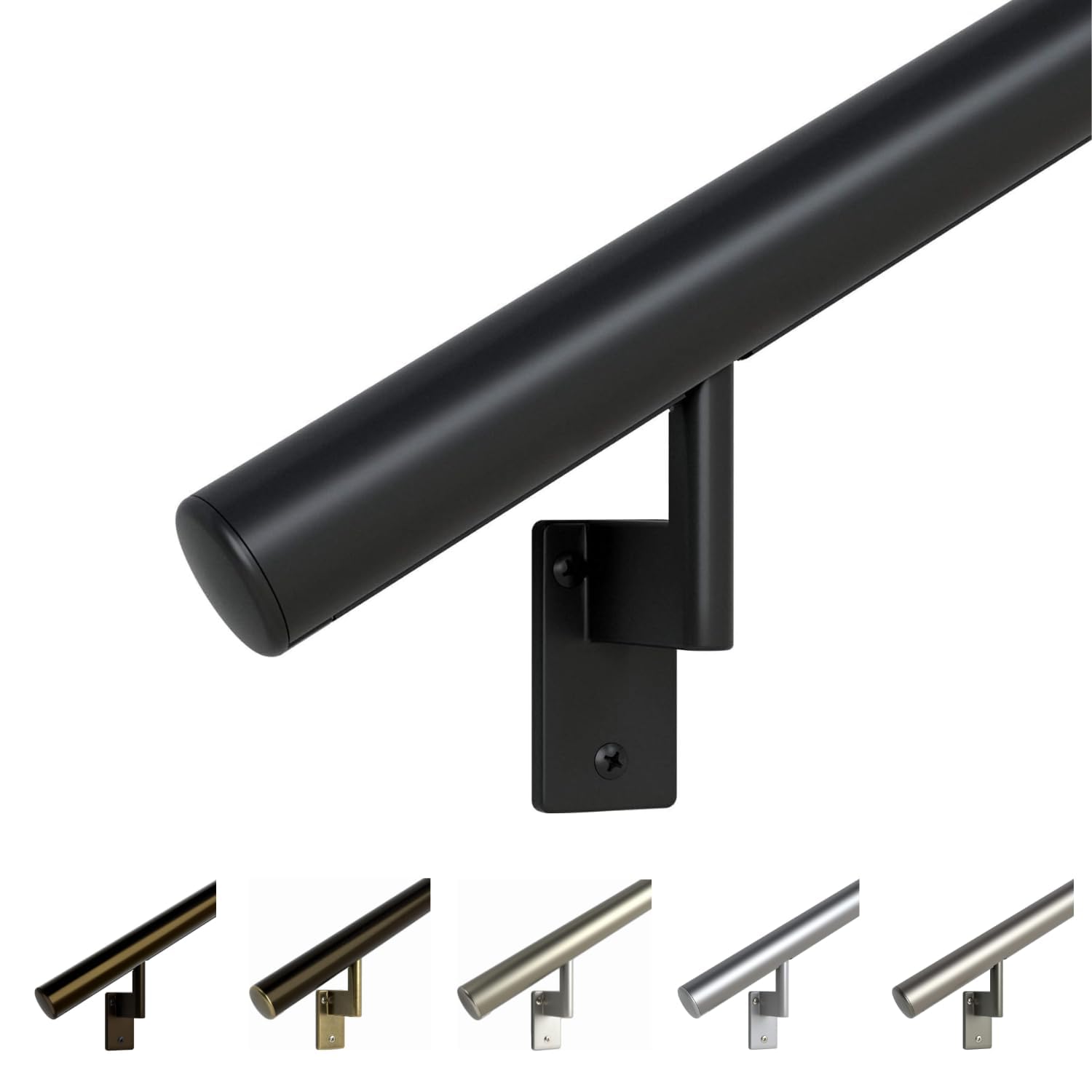 Promenaid 7ft Handrail Kit – Black, Made in Canada – Indoor/Outdoor Aluminum Stair Railing, 1.6'' Round – Includes 4 Pivoting Wall Brackets & Flush Endcaps – Modern Safety Handrail - 2
