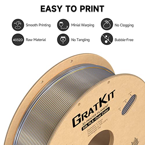 Image of Gratkit Silk Dual Color PLA Filament, Coextrusion PLA Filament 1.75mm, + /-0.03mm, 1KG /Roll, Silk PLA Gold & Silver