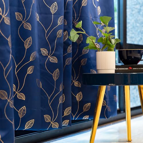 Image of Urban Space 80-85% True Blackout Curtains for Door, Gold Foil Printed Blackout Curtains, Blackout Decorative Door Curtain Eyelet with Tieback, 1 Piece Curtain for Living Room(Leaf Navy Blue, 8 Feet)