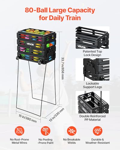 VEVOR Tennis Ball Hopper, Holds 80 Tennis Balls, Pickleball Basket Cart with Wheels for Easy Pick Up, Portable Pickleball Collection Caddy with Heavy-Duty Construction, for Training Carrying Storage
