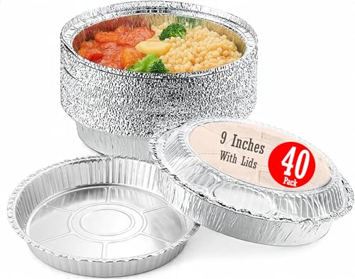 Mr Miracle Pack of 40 Disposable Aluminum Foil Pans with Clear Lids –9 Inch Circular Aluminum Pans, Ideal for Baking, Storing, Heating, Serving - Round Foil Pans with Lids
