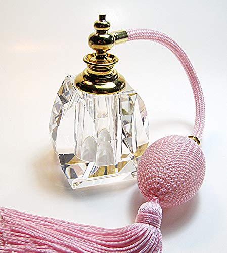 Genuine Lead Crystal Perfume Refillable Empty Atomizer Bottle With Pink Bulb And Tassel Sprayer Pump.