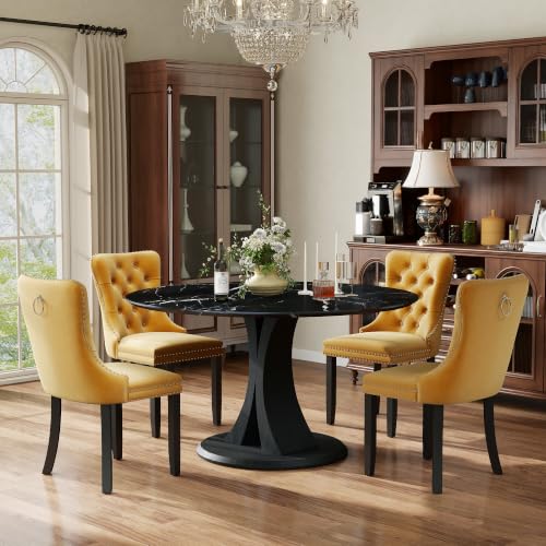 Image of 5-Piece Dining Table Set for 4 with 47 In Black Faux Marble Round Table | Circle Dining Room Table with 4 Velvet Upholstered Chairs, Modern Scandinavian Furniture for Dining Room Kitchen (Yellow)