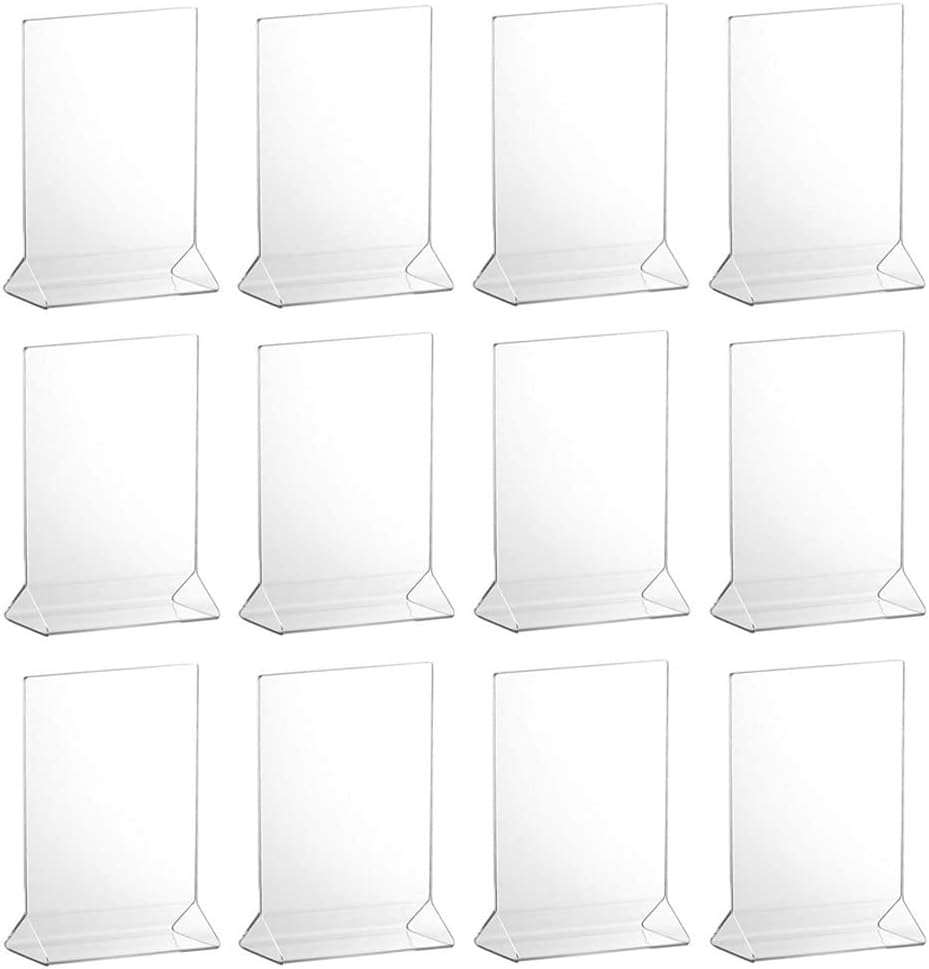 TrueCraftware- 4” x 6” Acrylic Menu Sign Photo Table Holders Clear Set of 12- Upright Table Desk Displays Double Sided Menu Stands Picture Frames for Wedding Tables Numbers Restaurant Signs