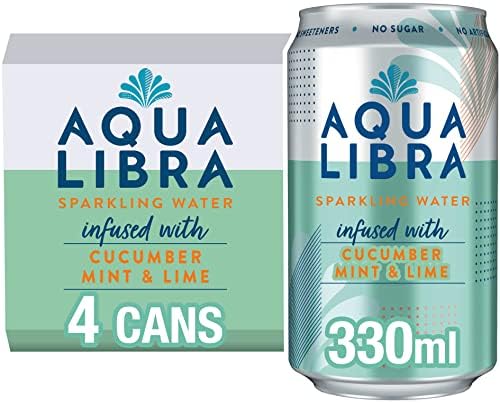 AQUA Libra Sparkling Water, Sugar Free Fruit Water, No Sugar, No Calories, Cucumber, Mint and Lime, 330 ml, Pack of 4 Cans