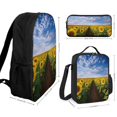 3 Piece Backpack for Women Men Lightweight Causal Daypack Shoulder Bag Set with Insulated Lunch Bag And Pencil Case Organizers Field of Blooming Sunflowers2