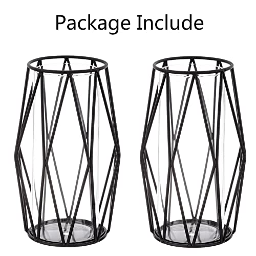 Black Geometric Pillar Candle Holder - 2Pcs Glass Cylinder Hurricane Candleholders With Metal Candle Stand, Creative Trendy Vase For Office Wedding Holiday Party Gifts #TOP7
