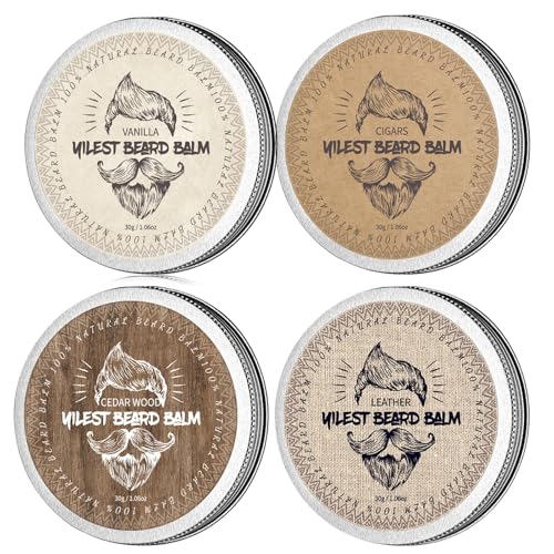 Baume à barbe au parfum de bois de santal - Cire à barbe - Style, renforce et adoucit les barbes et les moustaches - Cadeaux pour hommes (VANILLA+CUIR+CIGAR+CEDAR WOODS+)