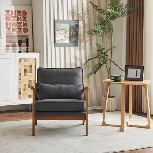 Image of Karl home Mid-Century Lounge Accent Chair, Gray | Wide Curved Armrest, Linen Fabric, Lumbar Pillow Included, Solid Wood Frame, For Living Room, Bedroom, Balcony, Apartment
