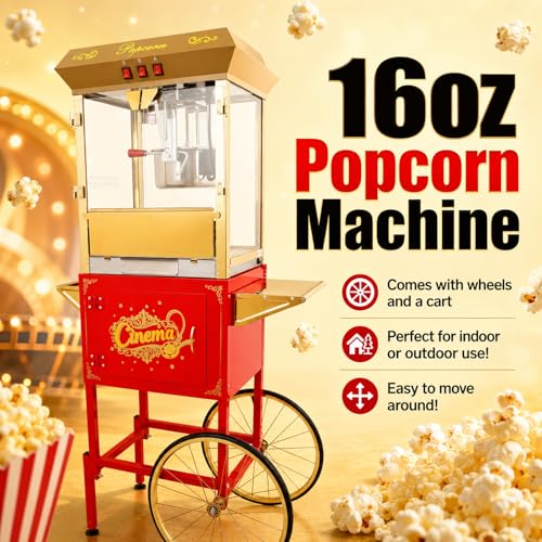 Image of Commercial Popcorn Machine with Cart - 16 OZ Kettle Popcorn Makers with Heating, 3-Switch Control & Tempered Glass Doors, for Office, Schools, Home, Carnival, Movie Theath, Parties, Christmas, Red