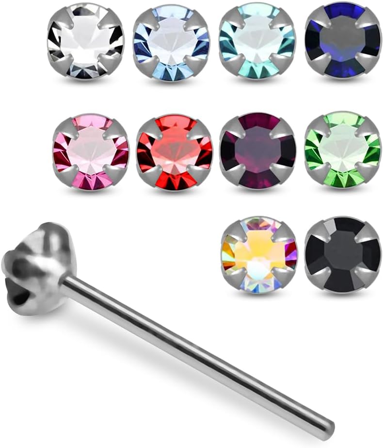 20 Pieces Box Set Four Claw Set 2mm Crystal Stone Design 22 Gauge 925 Sterling Silver Nose Pin - Nose Stud - Tiny Nose Ring - Nose Piercing Body Jewelry
