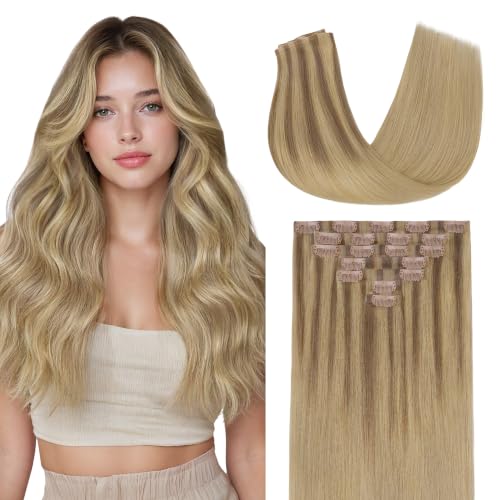 Image of GOO GOO Clip in Hair Extensions Real Human Hair, Remy Human Hair Extensions Clip ins for Women, Natural Human Hair, 16inch 110g 7 Pcs, #12A /18H Ash Beige Blonde Blend