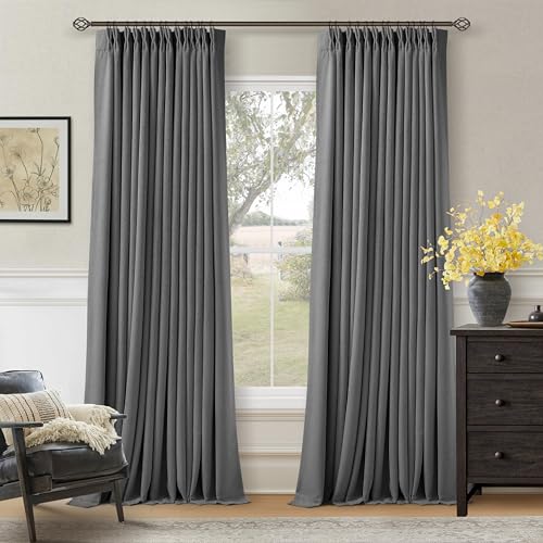 Dark Grey Pleated Thick Linen Blackout Curtains 102 Inches Long with Liner