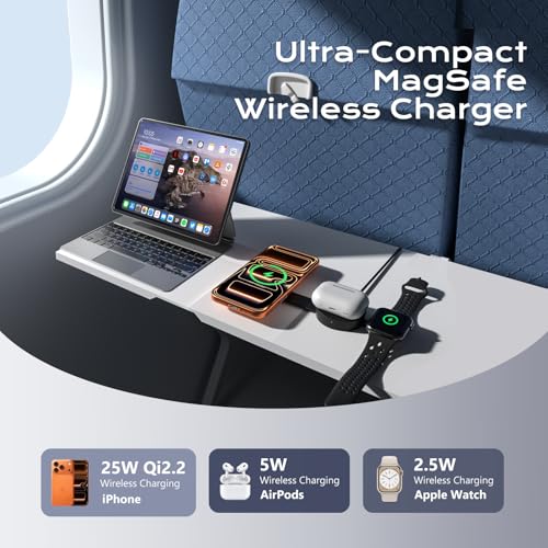 Qi2.2 Certified 25W 3 in 1 Wireless Charging Station for Apple, Foldable Mini MagSafe Travel Charger Pad for iPhone 17-12 Series, Apple Watch & AirPods, Magnetic Charging Dock with 45W Adapter — view 4