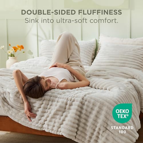 Image of Bedsure King Fluffy Comforter Set - GentleSoft 3 Pieces Luxury Fleece Linen Bedding, Cozy Room Decor Aesthetic, 1 King Bed Comforter (104 inchx90 inch) and 2 Pillowcases (20 inchx36 inch)