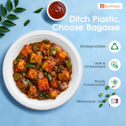 Image of Bonkaso 9 Inch, Pack of 100 Bagasse Disposable Round Plates (White)| Eco-Friendly Sugarcane Paper Plates | Biodegradable, Compostable & Sturdy | Ideal for Snacks, Desserts, Parties, Weddings & Events