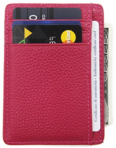 DEEZOMO RFID Blocking Genuine Leather Credit Card Holder Front Pocket Wallet With ID Card Window - Rose
