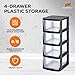 Juggernaut Storage Plastic 4 Drawer Storage Container Tower with 4 Large Pull Out Drawers for Home Organization, Office and, Classrooms Clear/Black