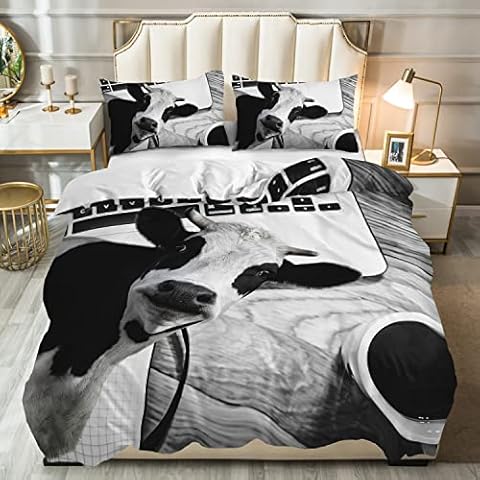 AILONEN Cow Duvet Cover Set for Teens, Black and White Cow Print Bedding Sets Twin Size,Funny Farmhouse Animal Comforter Cover,Cow Bed Set for Bedroom,All-Season,3 Piece with 2 Pillow Shams Cover