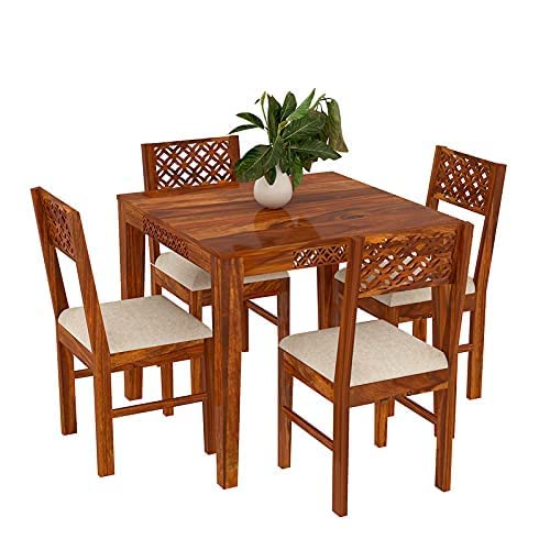 Image of Solid Sheesham Wood Dining Set with Dining Table & Cushioned Chairs | Elegant | Comfortable | Durable & Stylish for Dining & Living Room | Home /Office | Hotels /Restaurant (Brown 9)