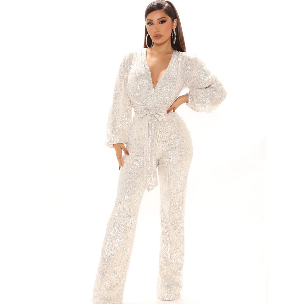 Long Sleeve Women Jumpsuit Deep V-neck Long Leg Pant Bling Shiny Sequin Party Romper