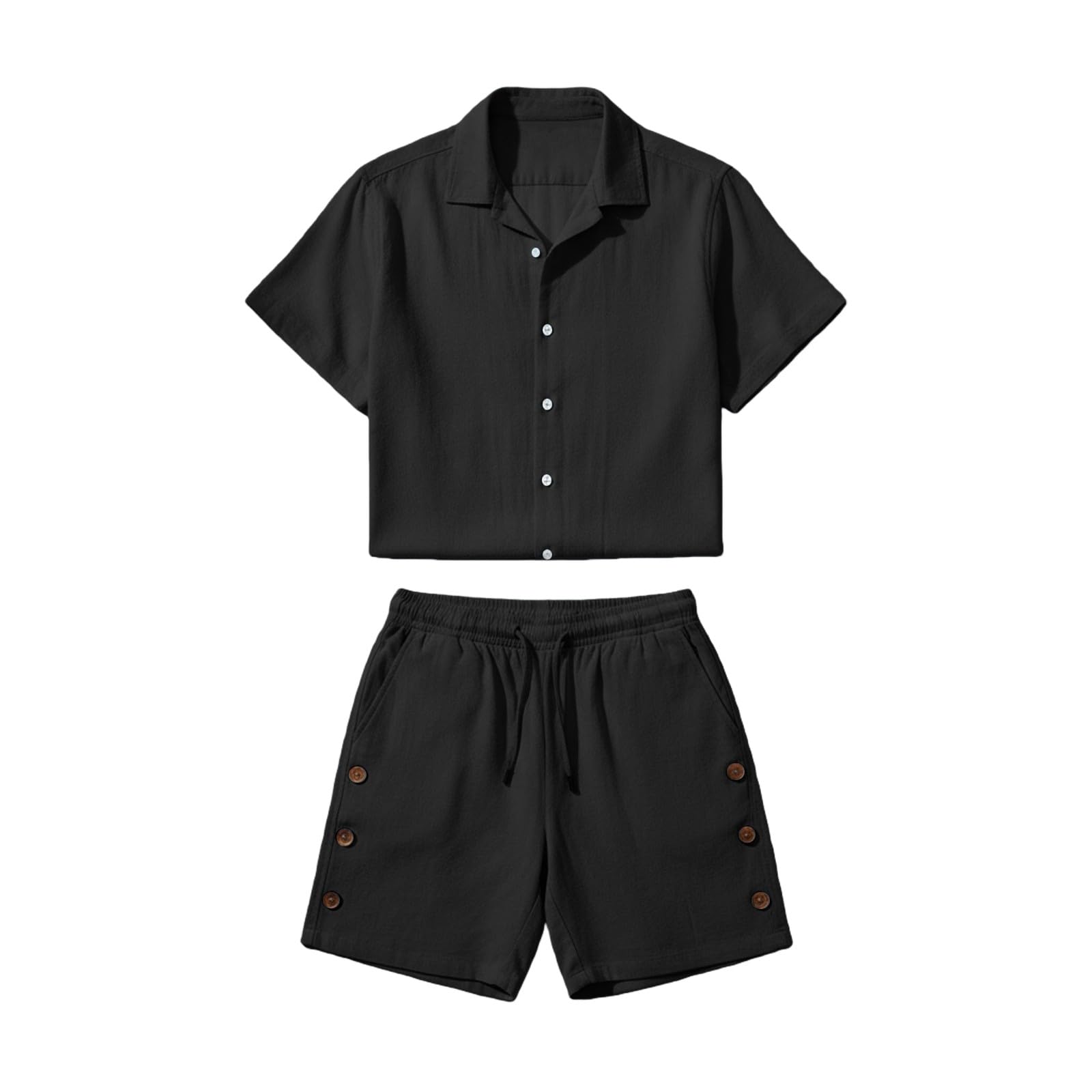 Conjunto de camisa y pantalones cortos de algodón y lino para hombre, conjunto de 2 piezas, ropa casual de verano, vacaciones, playa, boda, trajes de manga corta con botones y pantalones cortos