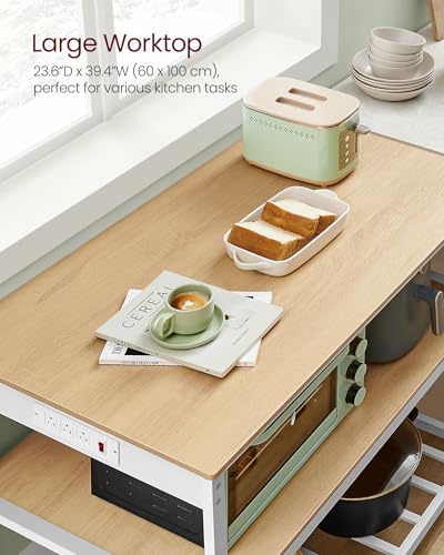 Image of VASAGLE Kitchen Island with 3 Shelves, Kitchen Shelf with Power Strip, 23.6 x 39.4 x 34.9 Inches, Large Worktop, Steel Structure, Industrial, Easy to Assemble, Oak Color and White UKKI105Y01