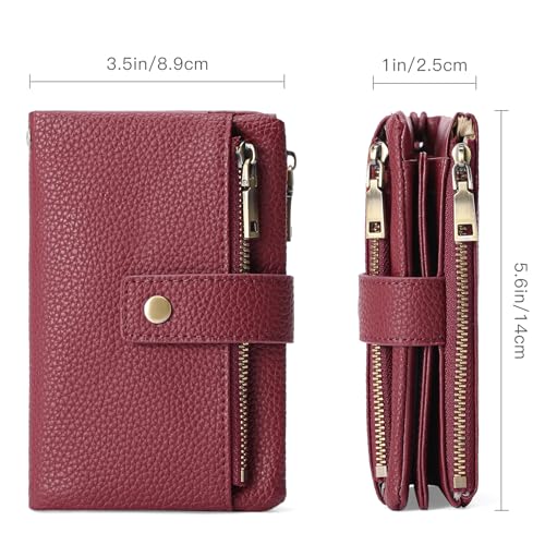 Image of SENDEFN Small Wallet for Women Leather RFID Blocking Wristlet Wallet Credit Card Holder with Double Zipper Coin Purse Ladies Bifold Purse (Wine Red)
