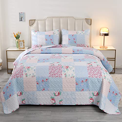 Blue Quilt Set Queen Size Plaid Patchwork Floral Bedding Set Reversible Comforter Quilted Bedspread Coverlet Set 3-Piece Lightweight Rose Flowers Stitched Bed Sheet Cover Blanket With 2 Pillow Shams #TOP1