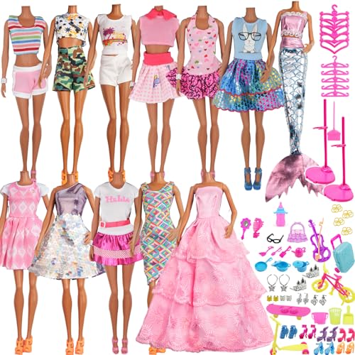 ZTWEDEN 90Pcs Doll Clothes and Accessories for 11.5 Inch Girl Dolls Set Contain 10 Different Handmade Party Grown Outfits, 1 Handmade Wedding Dress, 1 Mermaid Dress, 78 Accessories for Girl Doll