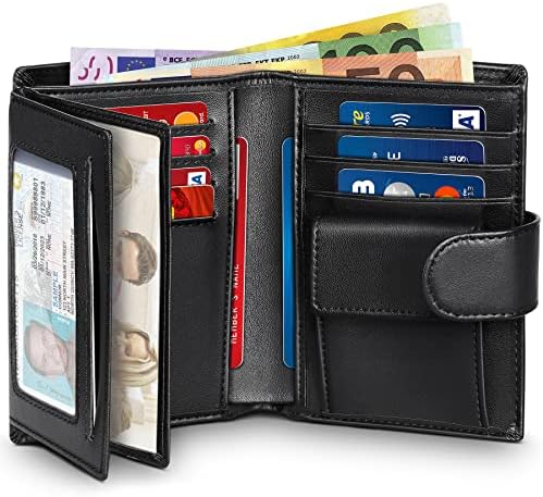 wilbest Wallets Mens RFID Blocking Genuine Leather, Men Wallet with Snap Button Coin Pocket, 2 Banknote Compartments with 1 Inner Zip Pocket, 11 Card Slots, 3 Transparent Windows, Wallet with Gift Box