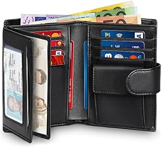 wilbest Wallets Mens RFID Blocking Genuine Leather, Men Wallet with Snap Button Coin Pocket, 2 Banknote Compartments with 1 Inner Zip Pocket, 11 Card Slots, 3 Transparent Windows, Wallet with Gift Box