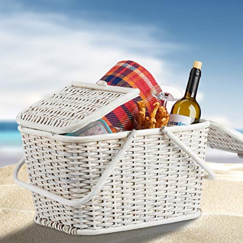 Relaxdays, Weiß Picknickkorb mit Deckel, geflochten, Stoffbezug, Henkel, großer Tragekorb, stabil, handgefertigt, Rattan, 25 Liter - 5