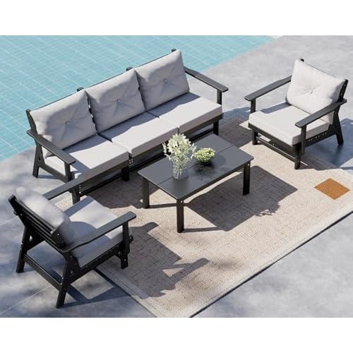 GREENVINES 6-Piece-Patio-Furniture-Set | HDPE Plastic | Outdoor Sectional Conversation Sets | All-Weather Couch | Sofa with Coffee Table | Detachable