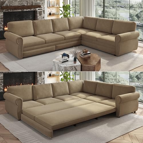 L-Shaped 6-Seat Sleeper Sectional Sofa Bed, Camel Chenille Pull Out Couch