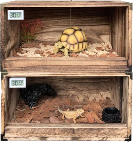 爬虫類ケージ、カメボックス、天然桐材+アクリル、木製、積み重ね可能、カメ/トカゲ/ヘビ/ヤモリ/アマガエル/ハムスター、アニマルハウス、小動物ハウス、保育器、餌入れ、積み重ね可能、温度計付きスライドドア、換気可能、ナチュラルヴィンテージ、アンティーク、クー