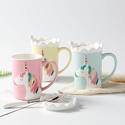 Miniatura 5 de BigNoseDeer Taza de unicornio, bonita taza de café de cerámica con cuchara de tapa, lindas tazas para café, té, leche, regalos de unicornio