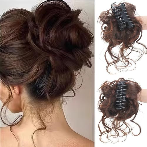 SSKHE 2pezzi Chignon Capelli Finti con Elastico per Capelli Light Brown Bun Ponytail Estensione Claw Clips Messy Curly Wavy Hairpieces Accessori per Capelli alla Moda per le Donne 
