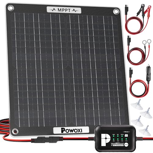 POWOXI 30W Solar Battery Charger: 12V Solar Car Battery Trickle Maintainer - with MPPT Controller Parameter Adjustable - for RV Boat Marine Motorcycle Trailer Truck Tractor - Solar Panel Kit