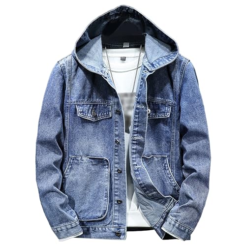 JEKE-DG Men's Distressed Denim Hoodie Jacket Casual Slim Fit Button Down Jeans Coat Long Sleeve Trucker Outwear