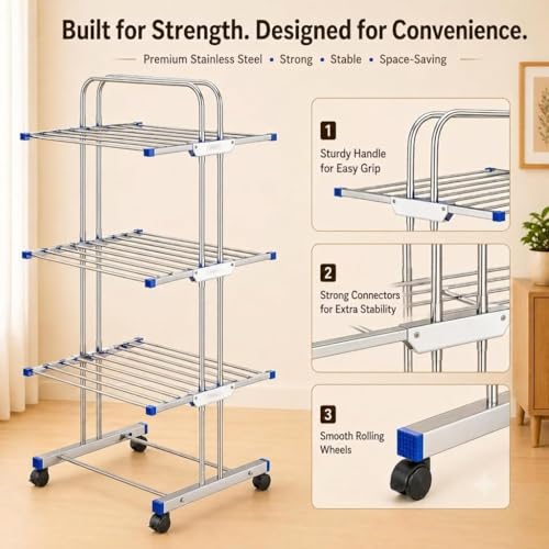 Image of Xmart India 304 Stainless Steel Foldable Clothes Drying Stand | 3 Layer Laundry Drying Rack with Wheels | Heavy Duty Cloth Dryer Stand for Balcony, Indoor & Outdoor (3 Layer Steel Cloth Drying Stand)