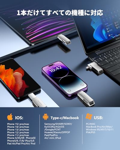 Vackiit「正規MFi認証品」iPhone用 usbメモリ512GB phone 写真データ保存 usb iphone対応 高速 USB 3.0 phone用外付けメモリiPhone/iPad/iPod/Win/Mac兼用 タイプc usbメモリ セキュリティ機能付 phoneバックアップ 携帯容量不足解消 銀