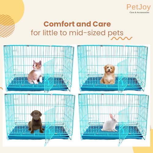 Image of PETJOY Foldable Metal Dog Cage | Dog Crate Kennel for Puppies, Small Dogs, Cats & Rabbits | Single Door with Secure Lock, Removable Leak-Proof Tray | Portable & Easy to Clean Pet Cage (Blue, 30 INCH)