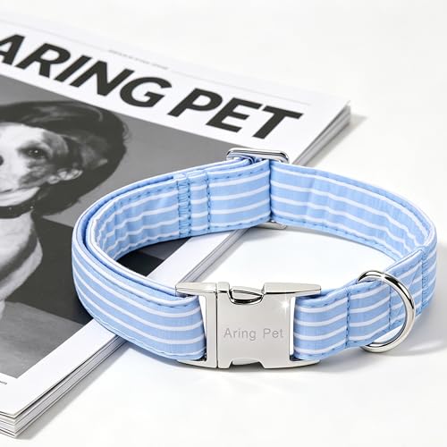 Image of ARING PET Boy Dog Collar for Puppy Small Medium Large Dogs-Blue Stripe L | Cute Male Heavy Duty Pet Collars with Metal Buckle for XS S M L XL Dogs, for City Seaside Walk Coffee Shop Pool Party Stroll