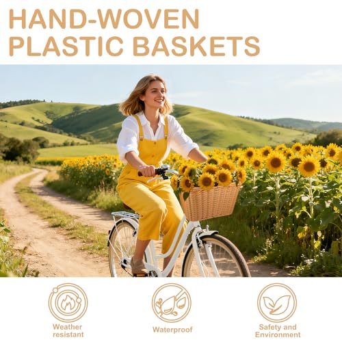 Bike Basket Front,Hand-Woven Bicycle Basket for Adult Bikes with Leather Straps, Easy Detachable,30 * 24 * 19cm (Brown)