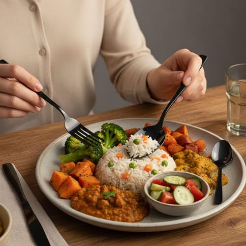 Image of 15 Pcs Black Cutlery Set for Dining Table the Perfect Mirror Polish Hevy Duty Tableware Including Dinner Spoon, Dinner Fork, Dinner Knife, Dessert Spoon & Dessert Fork