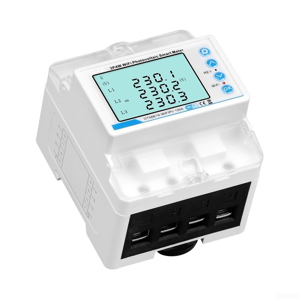 Medidor de energía WiFi trifásico con seguridad fotovoltaica, sobre/bajo voltaje y pérdida de fase, blanco 8.95x7.5cm